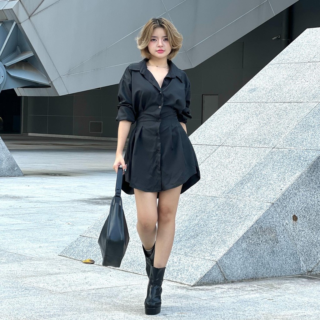 WARM WEARS - เดรสเชิ๊ตสีดำล้วน เดรสเชิ้ตที่ให้ลุคเรียบร้อย ดูแพง
