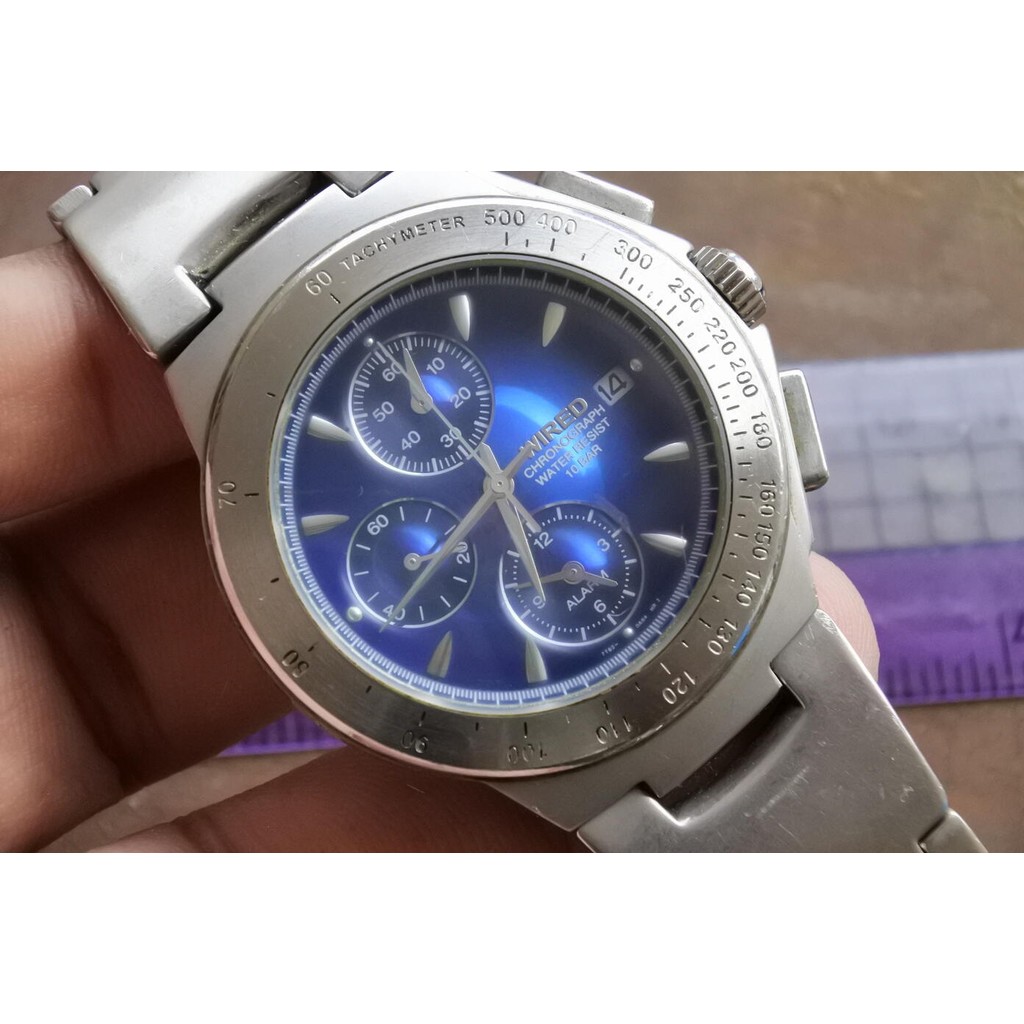 นาฬิกา Vintage มือสองญี่ปุ่น Seiko Wired 7T62 0A50 QUARTZ ผู้ชาย ทรงกลม เดินหมดทุกเข็มหน้าสีน้ำเงิน 