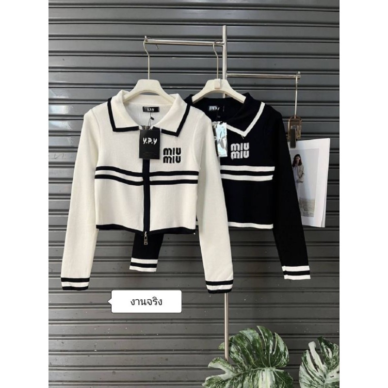 GN พร้อมส่ง เสื้อไหมพรมแขนยาวซิปหน้า 2 ซิปคอปกแต่งลายคาดอกงานปักอย่างสวยงานป้าย y.p.y