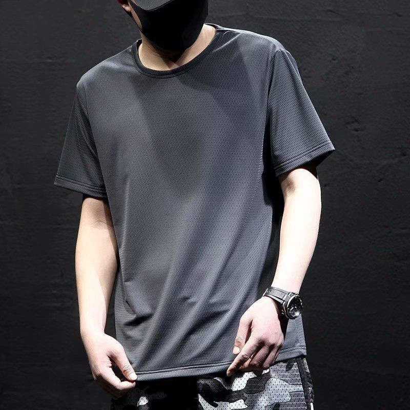 คอกลม ผ้าไหมน้ำแข็ง เย็น แขนสั้น ชาย ฤดูร้อน แบบหลวม ใส่สบาย กีฬา เสื้อยืด 9ESF