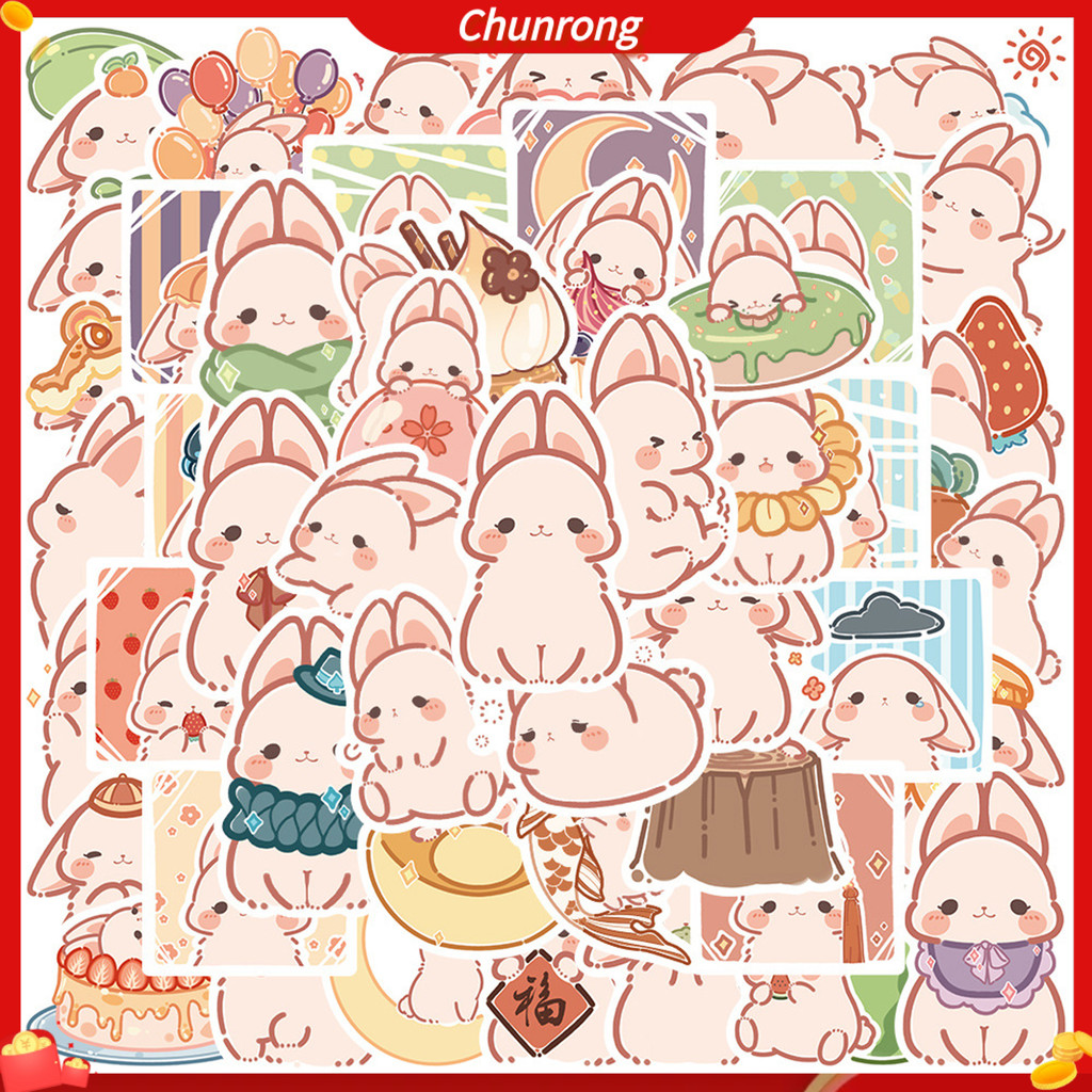 Chunrong สติกเกอร์กระดาษใส ลายการ์ตูนกระต่ายน่ารัก มีกาวในตัว สําหรับติดตกแต่งกระเป๋าเดินทาง แล็ปท็อป พร็อพถ่ายภาพ 50 ชิ้น