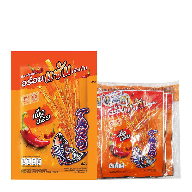 ทาโร ปลาสวรรค์ เส้นชุบน้ำจิ้ม รสปลาหมึก เผ็ดน้อย 18 ก. x 6 TARO Sauce Coated Fish Snack Spicy Cuttlefish Flavor 18 g x 6
