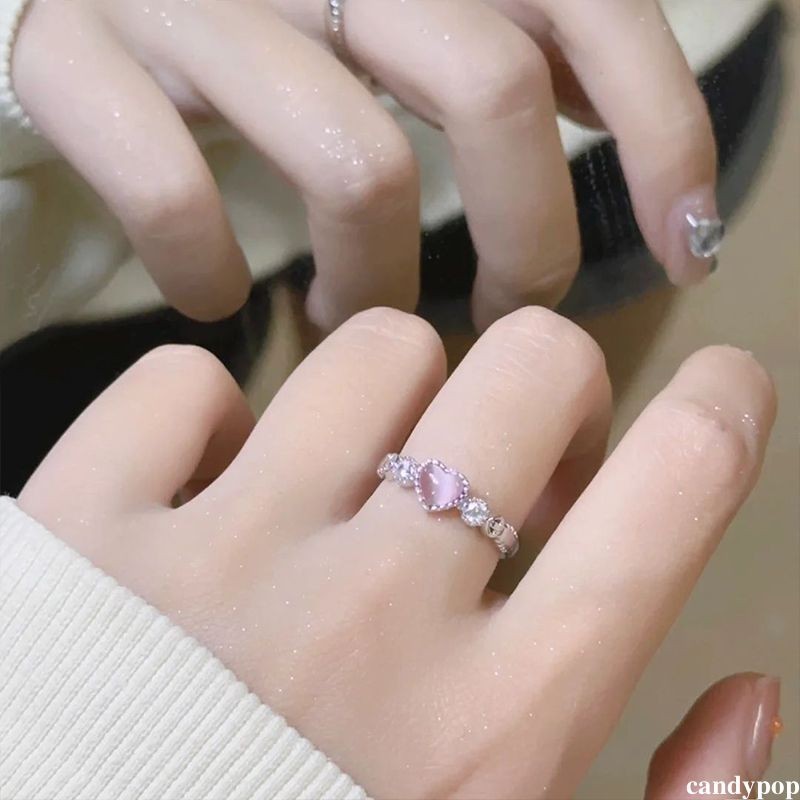candypop Love-heart เลียนแบบ Cat Eye Stone แหวนหวานน่ารัก Design Sense แหวนประณีต Rhinestone แหวน
