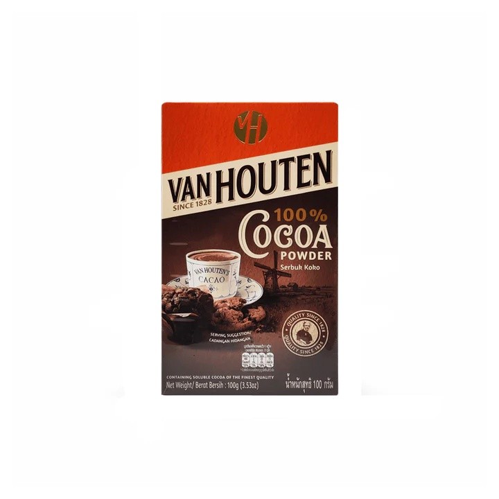 Van Houten Cocoa Powder 100G ผงโกโก้ 100% ผลิตด้วยวิธี Dutch Process ให้สีเข้มรสชาติเข้มข้น.