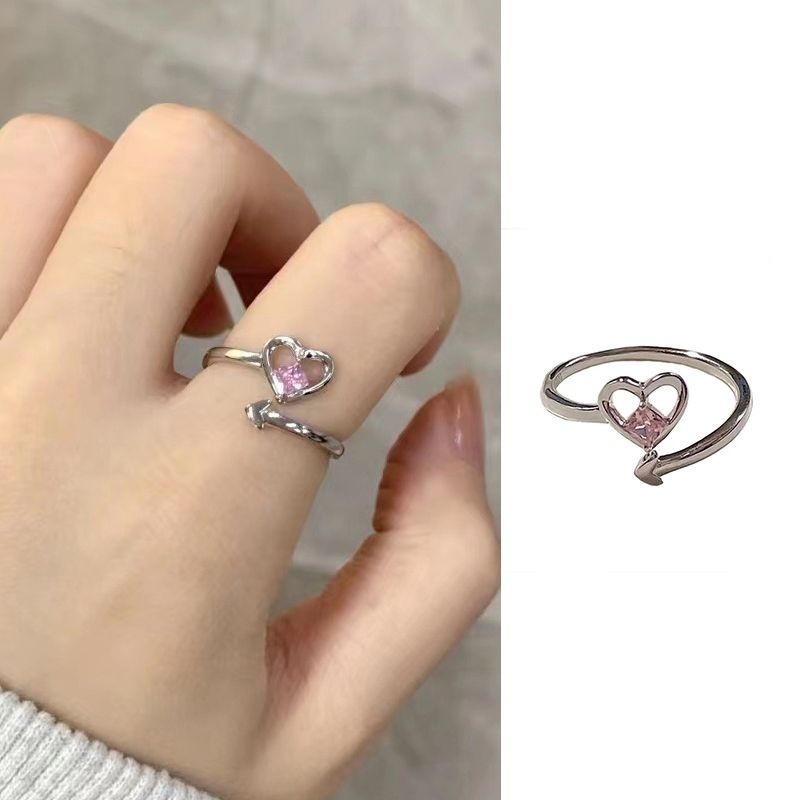 candypop สีชมพู Rhinestone แหวนหัวใจหญิง Ins เปิดปากแหวนนักเรียนคู่แหวนสร้างสรรค์