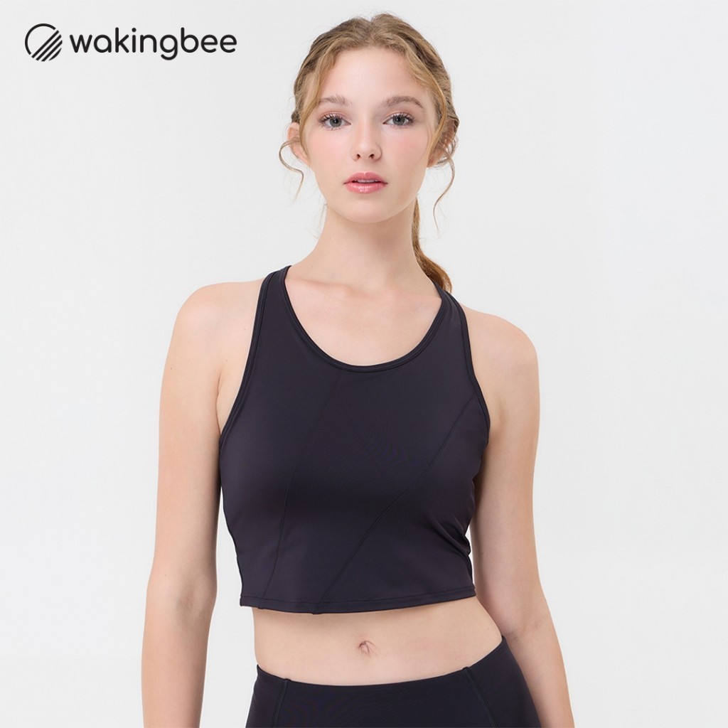 Wakingbee Block Bra (Black) สปอร์ตบรา ทรงครอป ตัดต่อแบบเฉียงช่วยพรางหุ่น ผ้ายืดหยุ่น แห้งเร็ว มีฟองน้ำ
