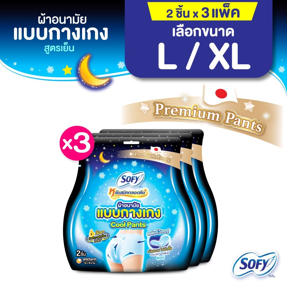 [เลือกไซส์เลย] Sofy โซฟี หลับสนิทตลอดคืน ผ้าอนามัย แบบกางเกง สูตรเย็น ไซส์ L/XL จำนวน 2 ชิ้น (3 แพ็ค)