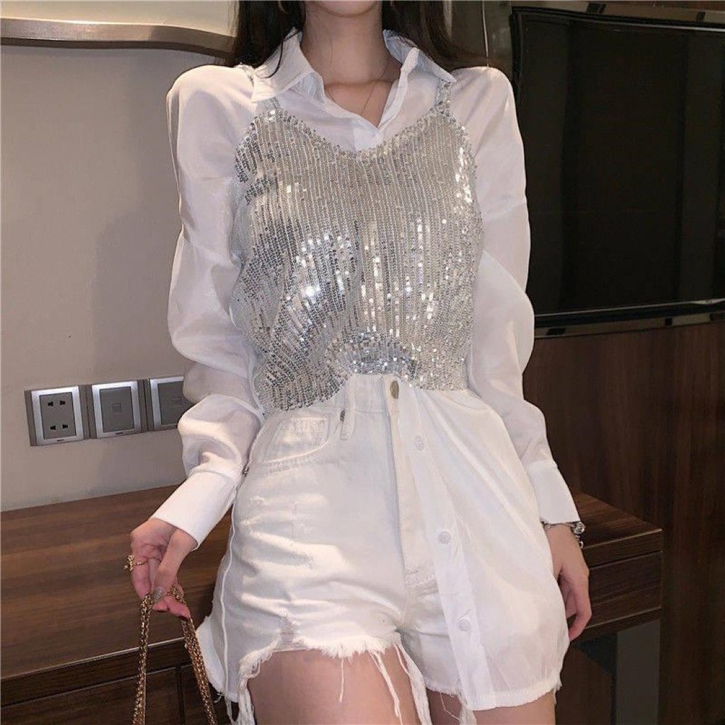 เสื้อสายเดี่ยวแฟชั่นคอวี ปักเลื่อมระยิบระยับ แนวเซ็กซี่ ฮิตล่าสุด ราคาถูก ใส่สบาย