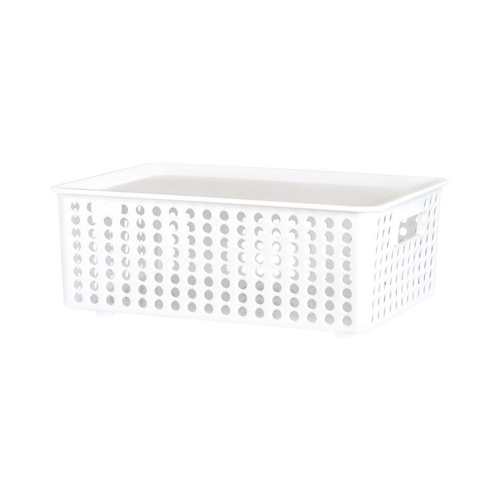 KASSA HOME ตะกร้าอเนกประสงค์ทรงเหลี่ยมพร้อมฝาปิด Circle รุ่น API-5035-M ขนาด 38x27x14.5 ซม. สีขาว