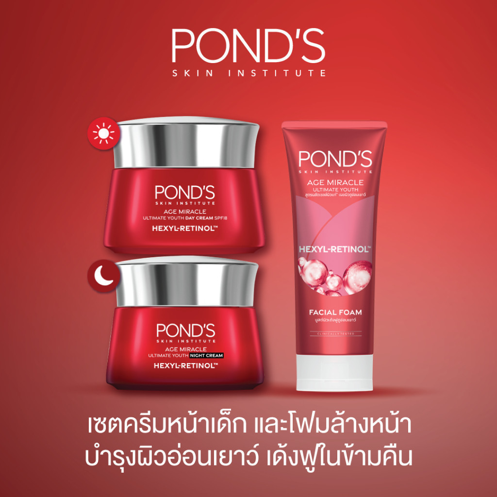 พอนด์ส เอจ มิราเคิล ครีมหน้าเด็ก สูตรกลางวันและกลางคืน +โฟมล้างหน้า ผิวเด้งฟูดูอ่อนเยาว์ใน 7วัน เซต 3 ชิ้น