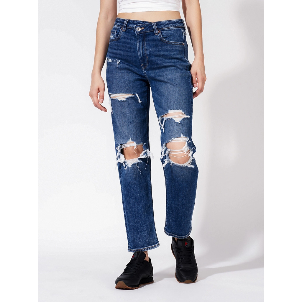 American Eagle กางเกงยีนส์ผู้หญิง MOM STRAIGHT JEANS - ASYM WAISTBAND - INTL สี DEEP NAVY - 043-4023-487