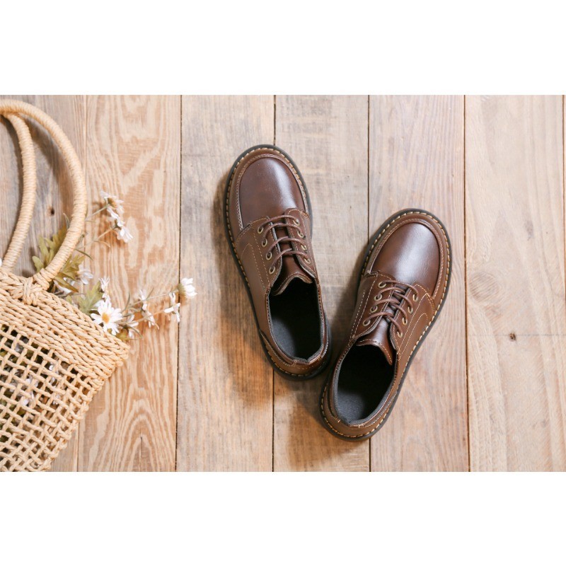 IELGY สีน้ําตาล Lace-up Oxford Lace-up บางรองเท้าหนังผู้หญิง 2025 Preppy Vintage พร้อมกระโปรง
