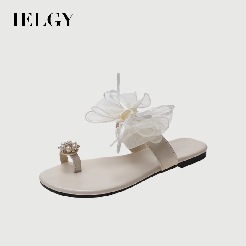 IELGY รองเท้าแตะส้นแบนโบว์นิ้วเท้านางฟ้ามุกฤดูร้อน