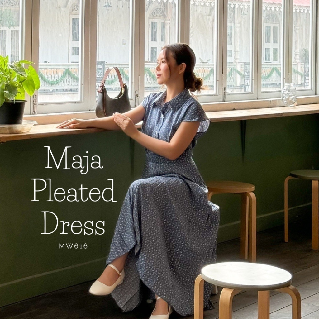 MyWay Brand : Dress - Maja Pleated เดรสยาว (ไม่มีซับใน) คอปกเชิ้ต กระโปรงพลีท โทนสีฟ้าอมเทาหม่นๆ
