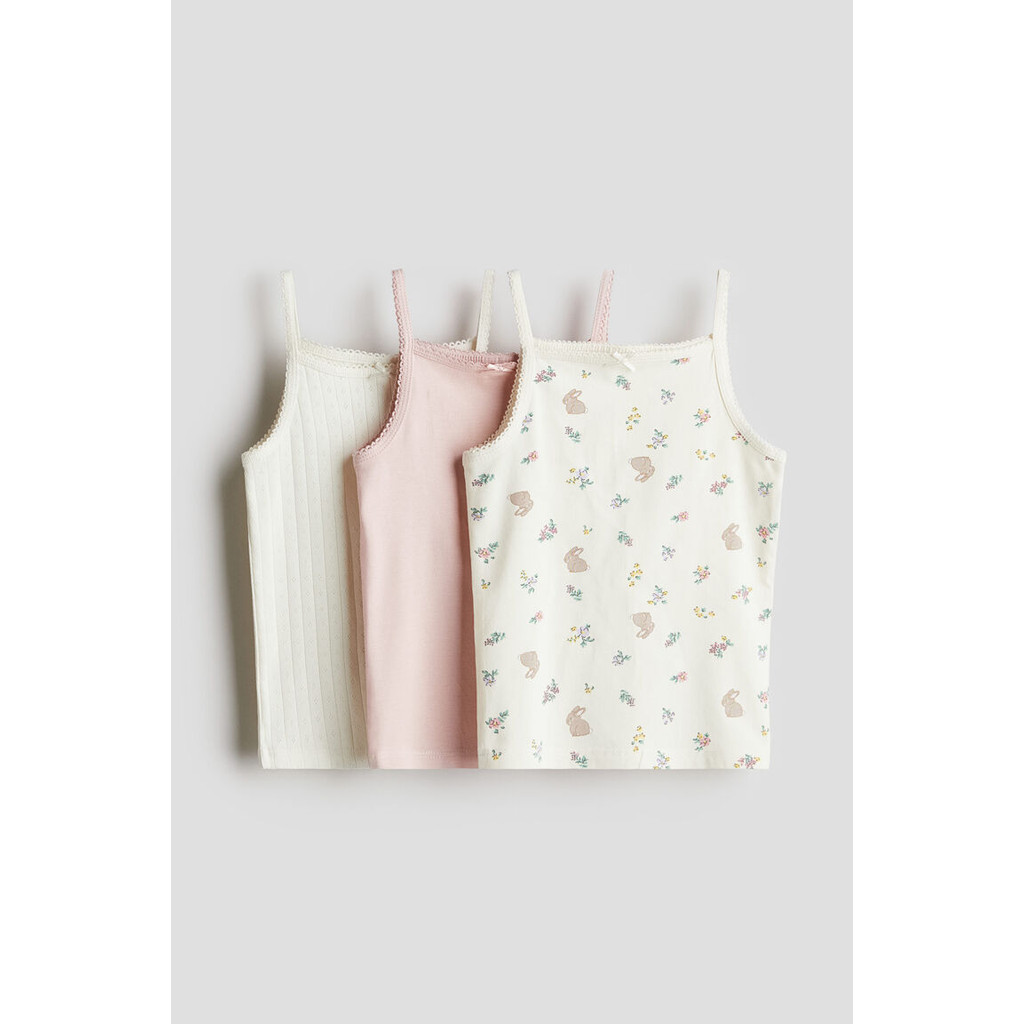 H&M ชุดเสื้อสายคอตตอนเด็กผู้หญิง 3 ชิ้น (แบบสายรัด) คอตารางพร้อมโบว์ซาติน