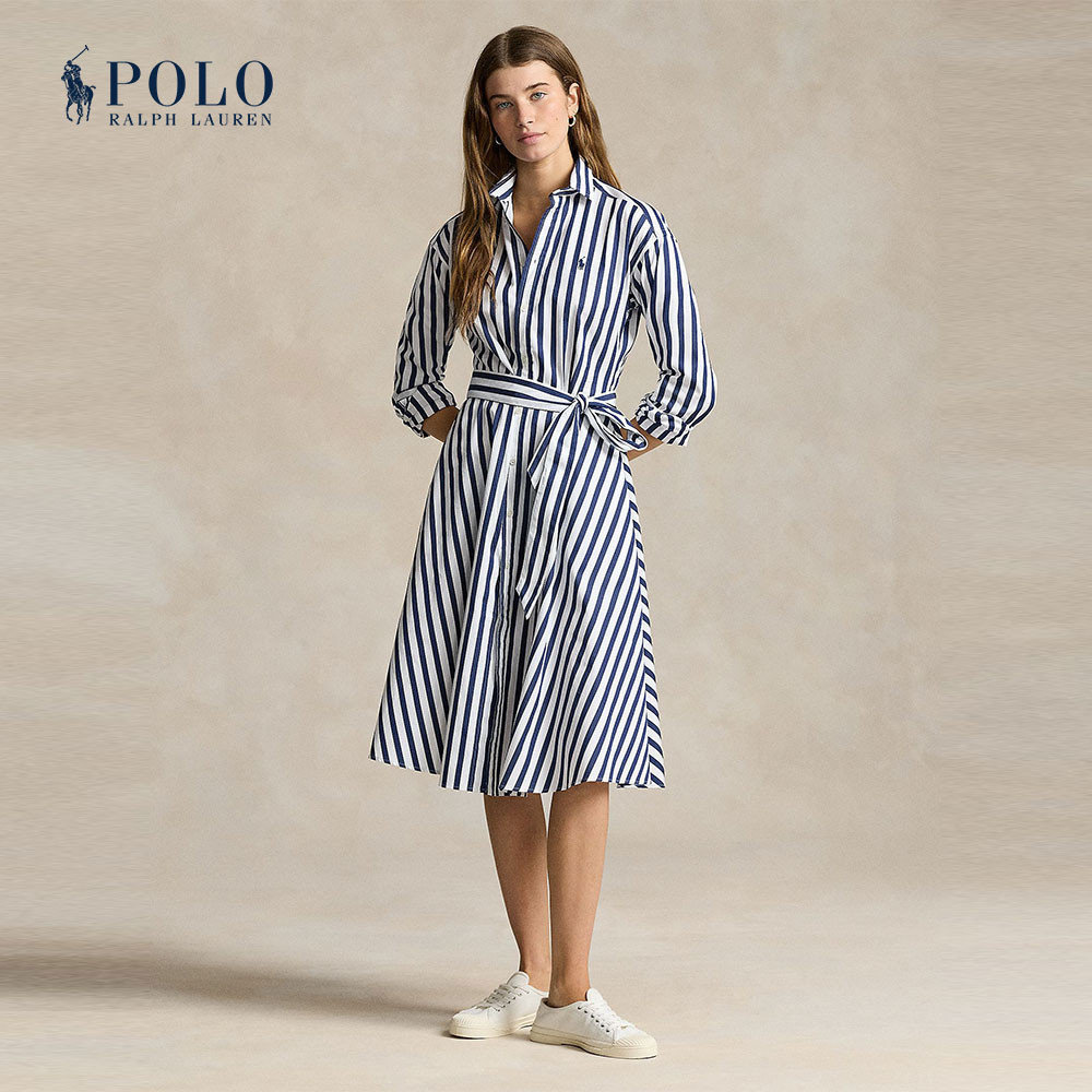 Polo Ralph Lauren ชุดเดรสผู้หญิง Dress-Belted Striped Cotton Shirtdress รุ่น WMPODRSNFA20415 สีฟ้า