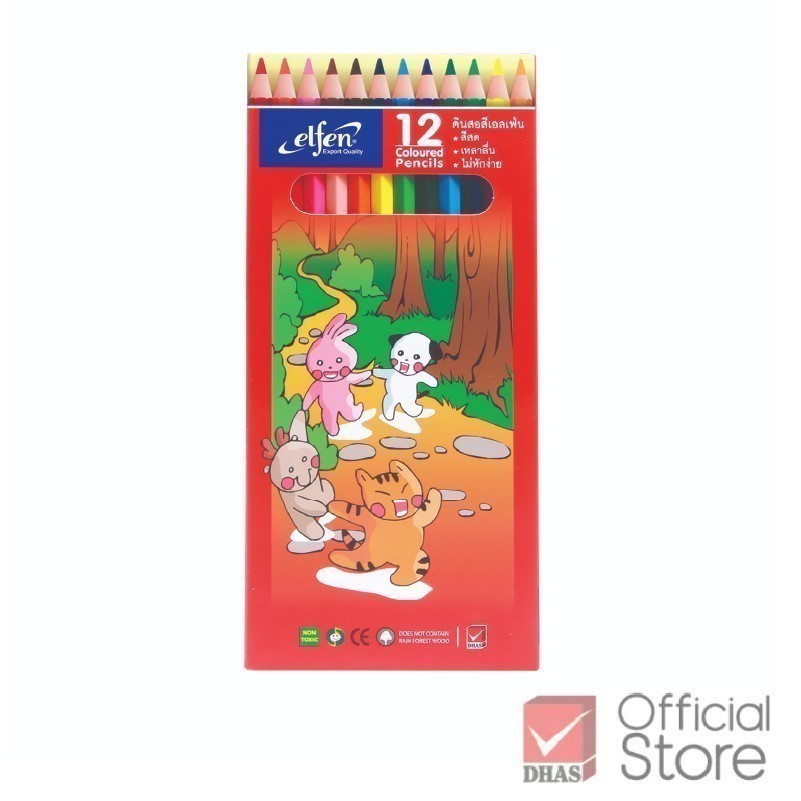 Elfen สีไม้ ดินสอสีไม้ 12 สี แท่งยาว ระบายลื่น – จำนวน 1 กล่อง