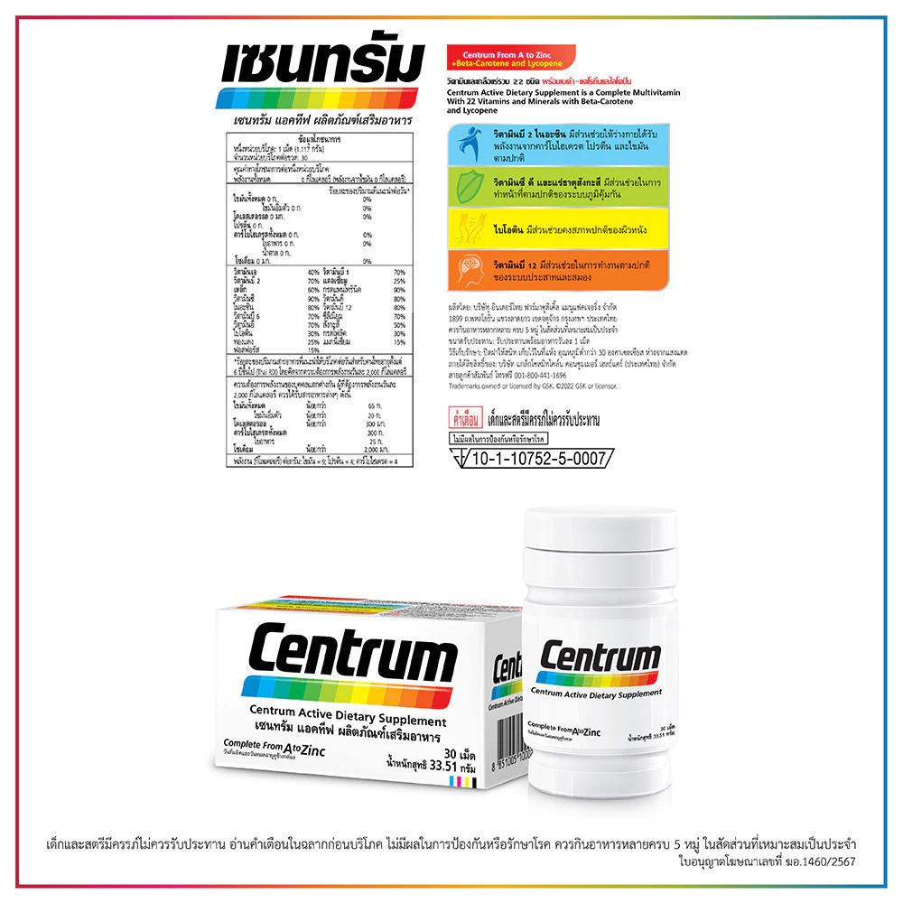 CENTRUM ACTIVE DIETARY SUPPLEMENT 30s เซนทรัม แอคทีฟ ผลิตภัณฑ์เสริมอาหาร วิตามินรวม สำหรับทุกคน 30 เม็ด thumbnail 5