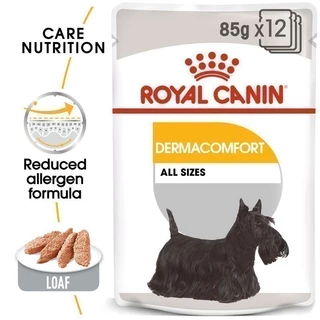 [12 ซอง] Royal Canin Dermacomfort Pouch Loaf อาหารเปียกสุนัขโต ทุกขนาด สำหรับผิวแพ้ง่าย (โลฟเนื้อละเอียด, โรยัล คานิน)