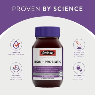 Swisse Ultiboost Iron + Probiotic อาหารเสริมธาตุเหล็ก โปรไบโอติก 30 เม็ด (EXP:02 2028)
