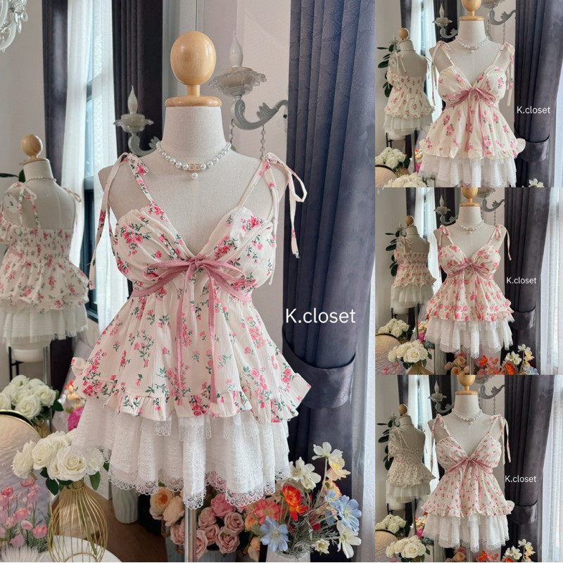 💗สาวอวบใส่ได้อก ถึง40 เสื้อสายเดี่ยวคอวีผูกไหล่ ลายสวยหวาน ทรงสวยน่ารัก รุ่นนี้มีฟองน้ำ (แค่เสื้อ)
