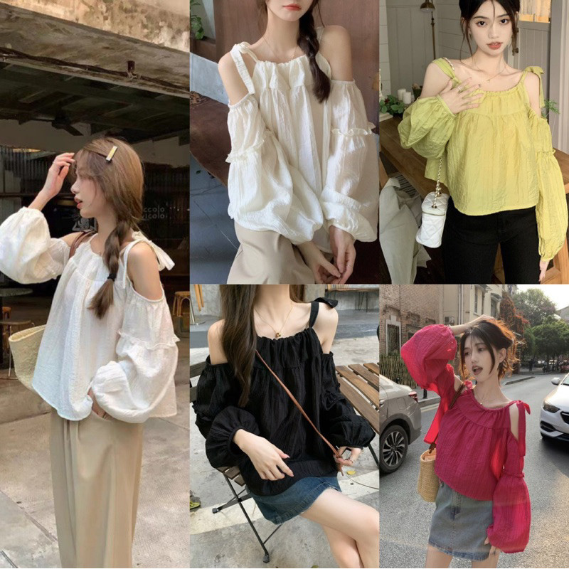 (สาวอวบใส่ได้อกถึง 38) เสื้อผูกโบว์ไหล่สไตล์เกาหลี ทรงใหญ่สาวอวบใส่ได้🎀❤️เสื้อผ้าผู้หญิง