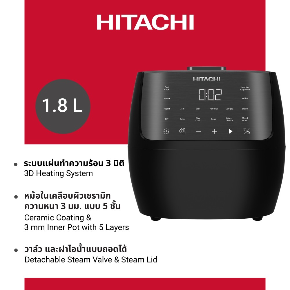 Hitachi ฮิตาชิ หม้อหุงข้าว 860-1020 วัตต์ ขนาด 1.8 ลิตร รุ่น RZ-S18VN BK สีดำ