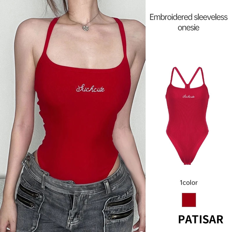 ตัวอักษรสีแดงปัก Jumpsuit แขนกุดผู้หญิงเปิดเสื้อกั๊ก PR