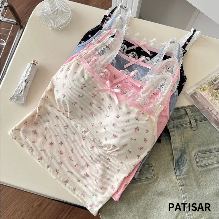 เสื้อสายเดี่ยว ขอบลูกไม้ ลายดอก มีฟองน้ำในตัว PR