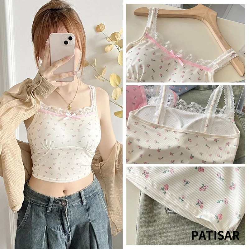 เสื้อสายเดี่ยว ขอบลูกไม้ ลายดอก มีฟองน้ำในตัว PR - รูปที่ 6