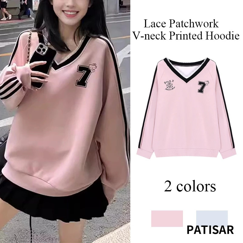 ลูกไม้เย็บปะติดปะต่อคอวีพิมพ์เสื้อกันหนาวหมวกแขนยาวสีตัดกันผู้หญิงหลวมด้านบน PR