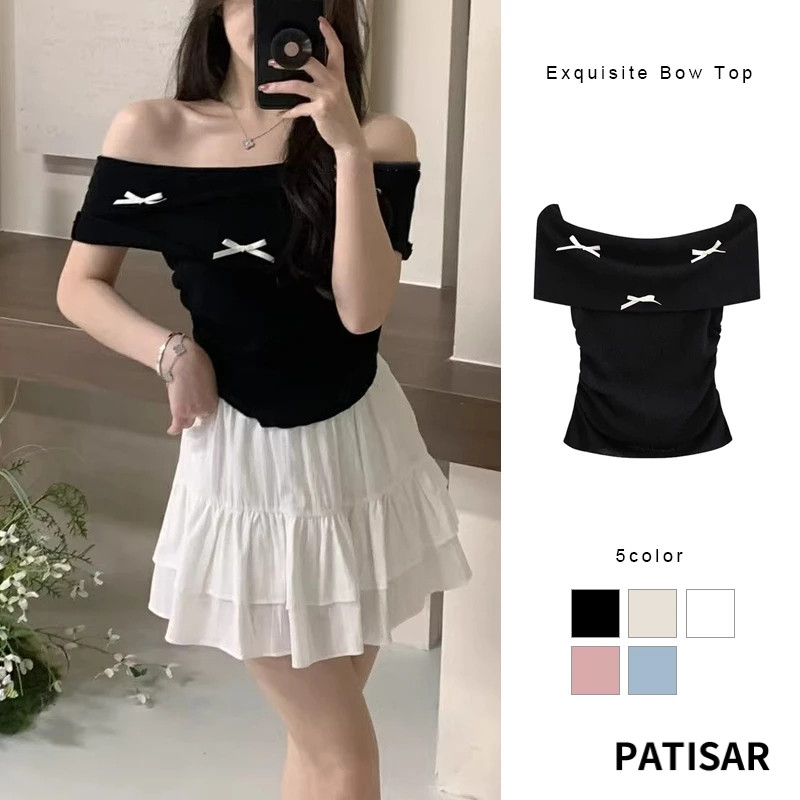 เสื้อถักแขนสั้น โบว์ด้านบนเอว Retraction เสื้อถักกระชับสัดส่วนบาง PR