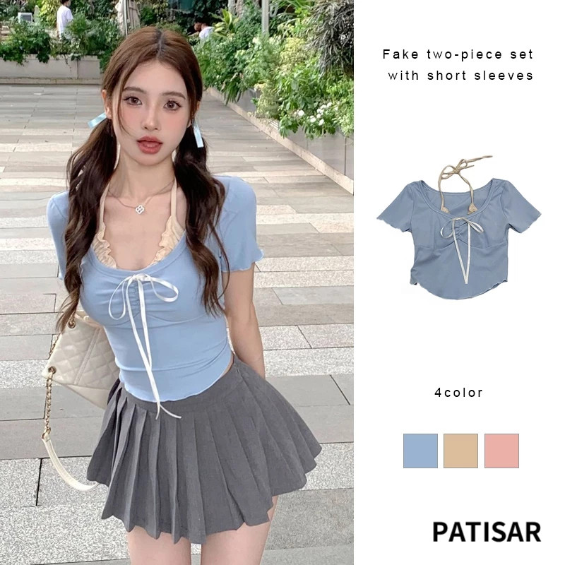 ครอปท็อปคอกลมแขนสั้น ดีเทลแต่งเย็บ2ชั้น สีพาสเทล PR