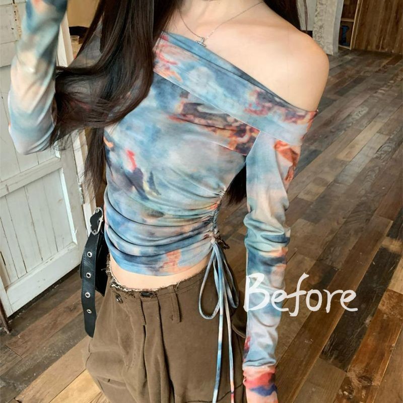 หวานสาวร้อนปิดไหล่ด้านบนDrawstringพิมพ์เสื้อยืดแขนยาวผู้หญิงเก๋ผ้ากอซด้านบน BF