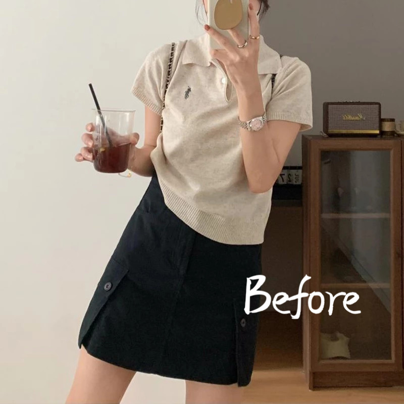 เสื้อโปโลเสื้อถักสั้นผู้หญิงเย็บปักถักร้อยแขนสั้นBottomingเสื้อSlim FITTING TOP BF