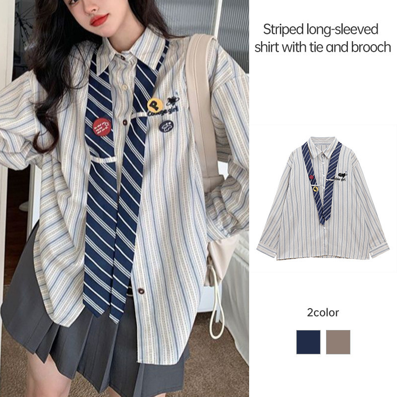 สไตล์อเมริกัน Retro ลายเสื้อ Preppy สไตล์หลวมเสื้อผู้หญิงเสื้อแขนยาว JN