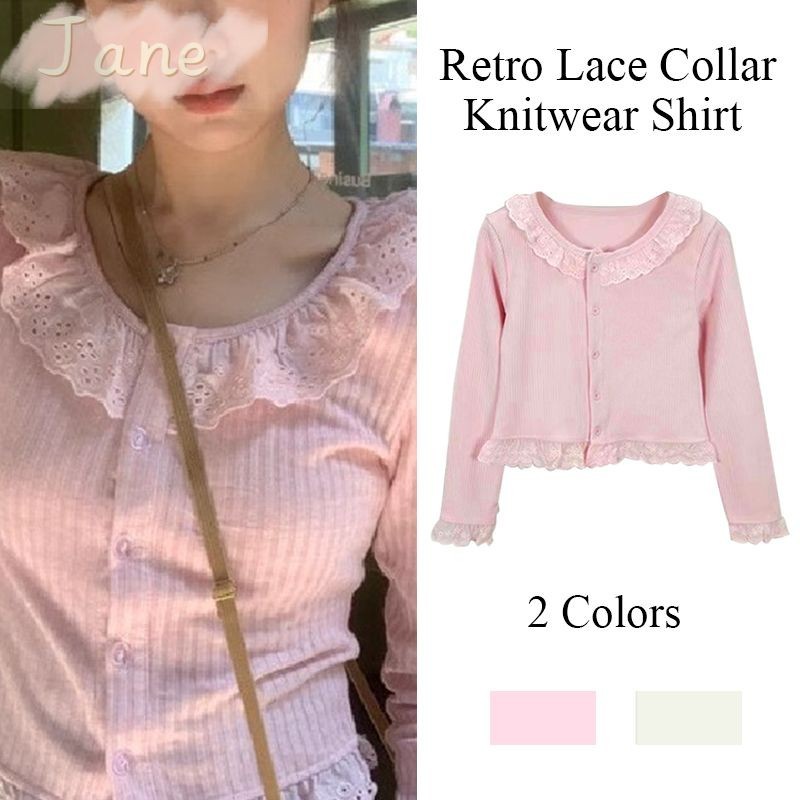 Retro ลูกไม้เสื้อถัก Slim FITTING อเนกประสงค์ Bottoming เสื้อแขนยาวเสื้อถักผู้หญิง JN