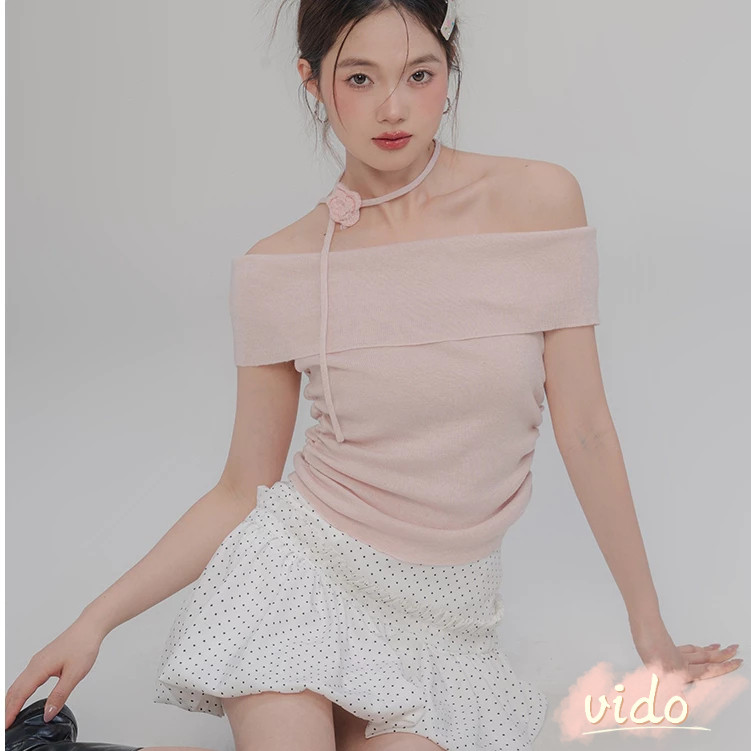 🌹พร้อมส่ง🌹 เปิดไหมพรมเปิดไหล่ แขนสั้น ผ้านิ่มใส่สบายน่ารักมาก VIDO