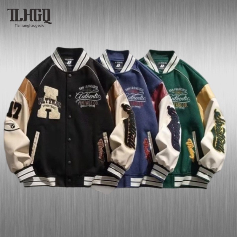 TLHGQ เสื้อแจ็กเก็ตเบสบอลลําลอง ผ้าวูล ปักลาย ทรงหลวม แฟชั่นฤดูใบไม้ผลิ และฤดูใบไม้ร่วง สไตล์อเมริกัน สําหรับผู้ชาย