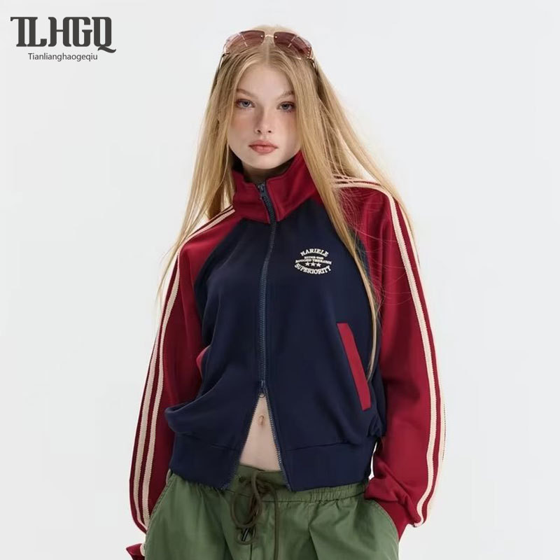 TLHGQ เสื้อสเวตเตอร์ถักซิปสั้นสไตล์วิทยาลัยย้อนยุคอเมริกันของผู้ชาย สีลายเป็นกลางปิดกั้นยืนขึ้นปกแจ็คเก็ตลําลอง