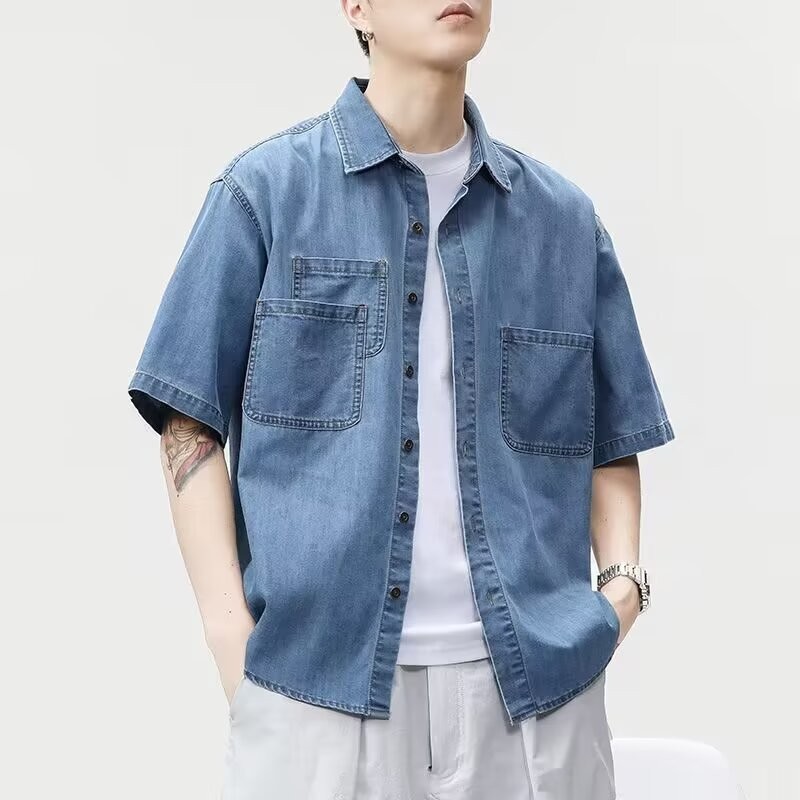 เสื้อผ้าเดนิมผู้ชายมีสไตล์สําหรับฤดูร้อนบางแขนสั้นแหลมปกอินเทรนด์สตรีทแวร์