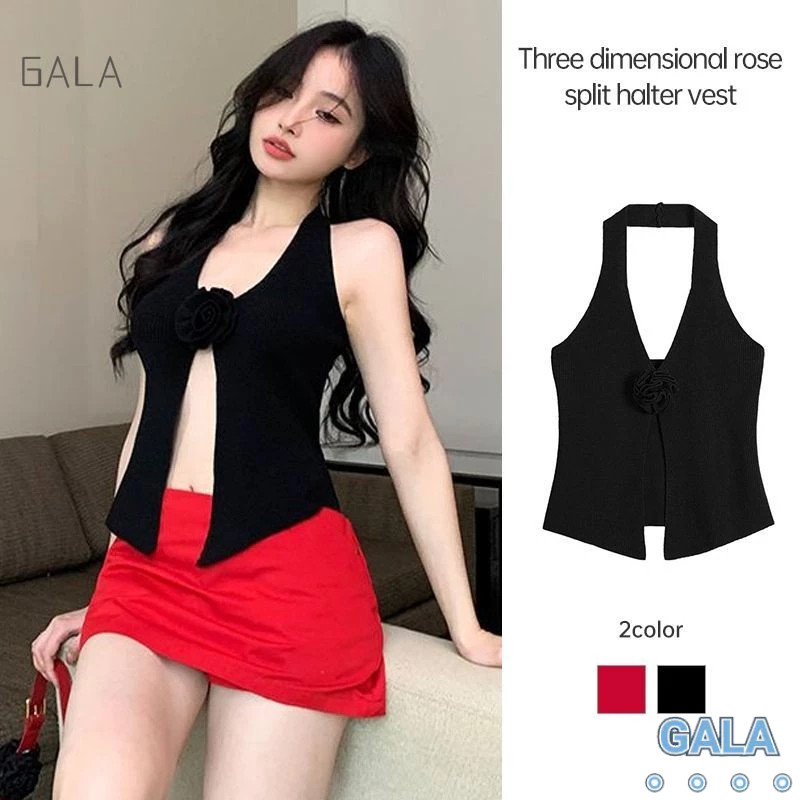 3D Rose Suspender Top สาวเผ็ดเซ็กซี่แขวนคอเสื้อกั๊กไม่สม่ำเสมอแยกเสื้อถัก