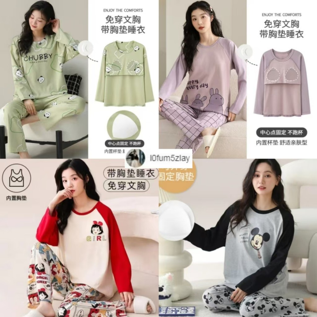 M-4XL (ราคาถูกที่สุด) ชุดนอนฤดูใบไม้ร่วง， มาพร้อมกับแผ่นรองหน้าอก，ลายการ์ตูน，หลากหลายแบบให้เลือก