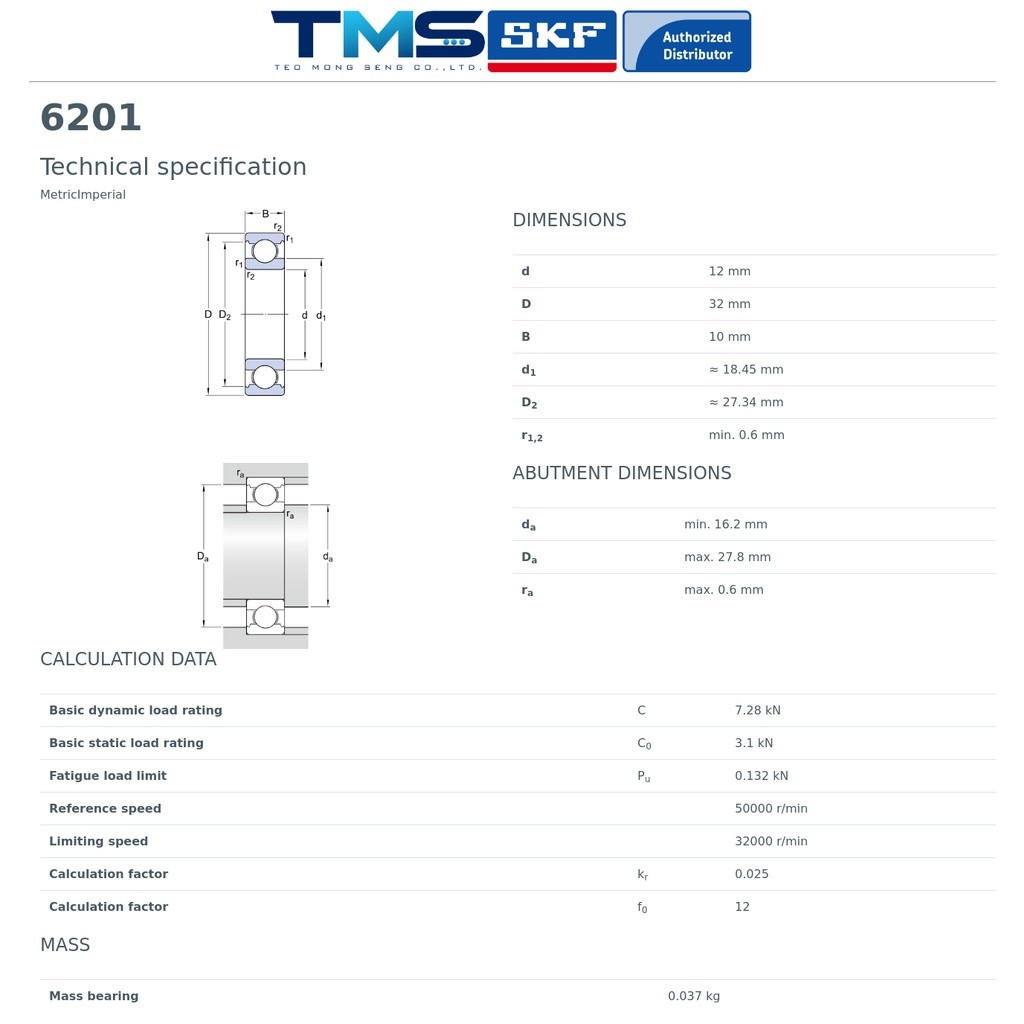 Honda Wave100 ลูกปืน สเตอร์ ขวา 6201 SKF ตลับลูกปืนเม็ดกลมล่องลึก 6201 (12x32x10) - รูปที่ 2