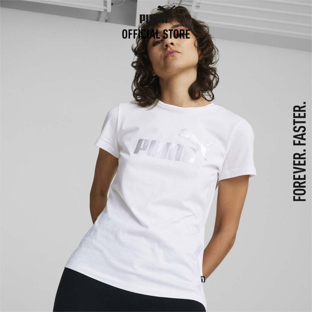 PUMA BASICS - เสื้อยืดผู้หญิง Essentials+ Metallic Logo สีขาว - 84830302