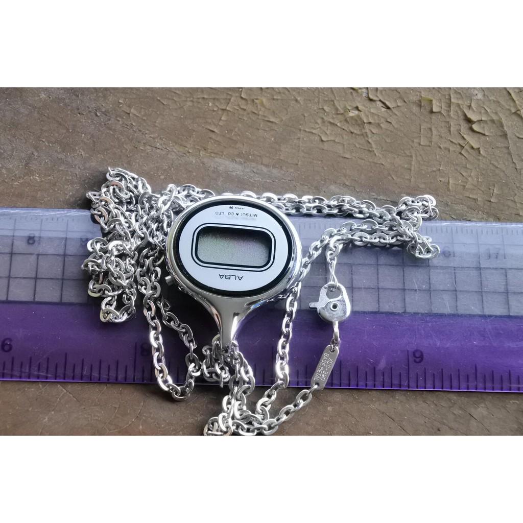 นาฬิกา Vintage มือสองญี่ปุ่น Pocket Watch นาฬิกาพกALBA Y450 4080 QUARTZ ผู้ชาย ทรงกลม กรอบเงิน LCD  