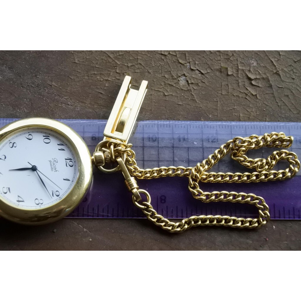 นาฬิกา Vintage มือสองญี่ปุ่น Pocket Watch นาฬิกาพกRICOH QUARTZ ผู้ชาย ทรงกลม กรอบทอง หน้าขาว  37มม พ