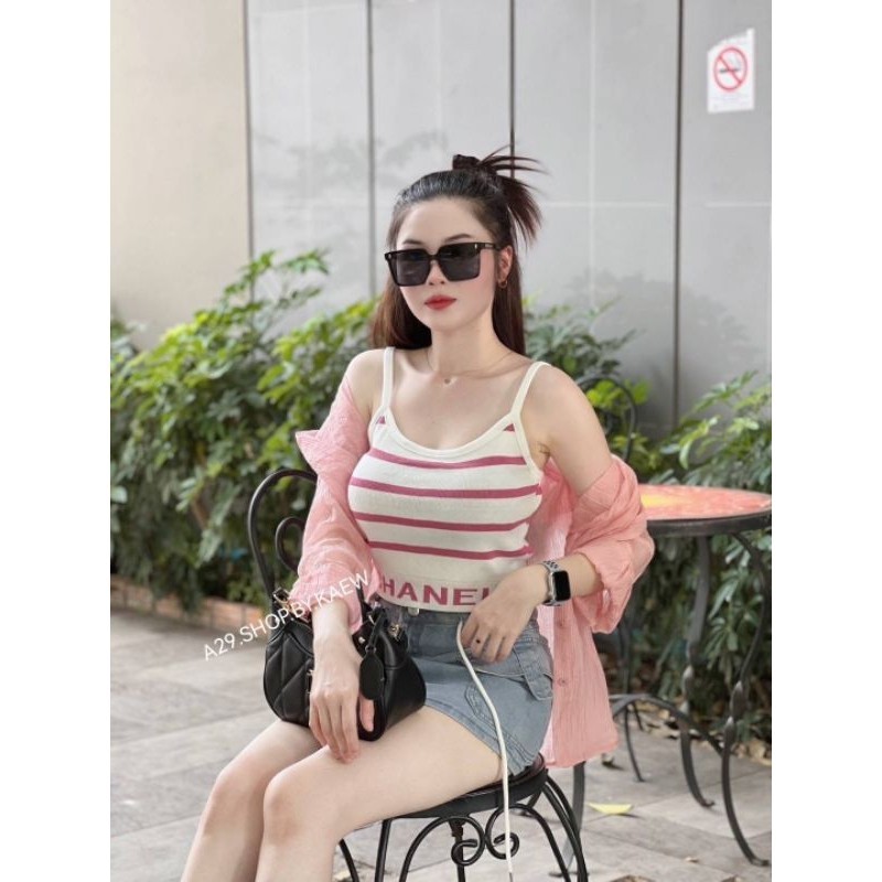 GN พร้อมส่ง งาน 2 ชิ้นเสื้อกล้ามสปอร์ตบาร์ลายริ้วทอโลโก้แบรนด์คู่กับเสื้อคลุมผ้าชีฟองสีพื้นงานป้าย y p y