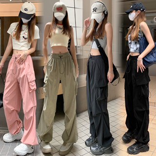 🌸กางเกงกีฬาขายาวทรงตรงเอวสูงสีเทาสำหรับผู้หญิง กางเกงคาร์โก้…