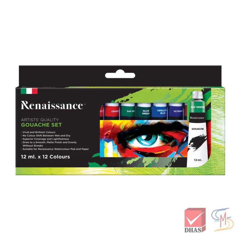 Renaissance สีกวอช ชุดสีกวอช 12 ml. 12 สี (หรือสีโปสเตอร์) จำนวน 1 กล่อง